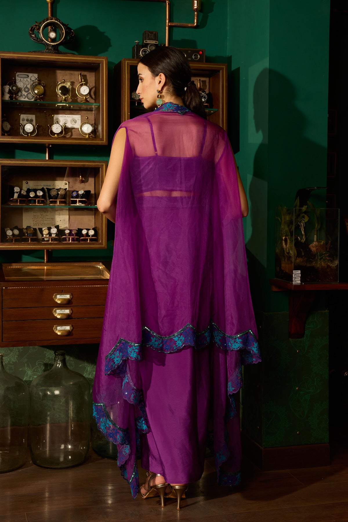 Purple Embroidered Cape Set