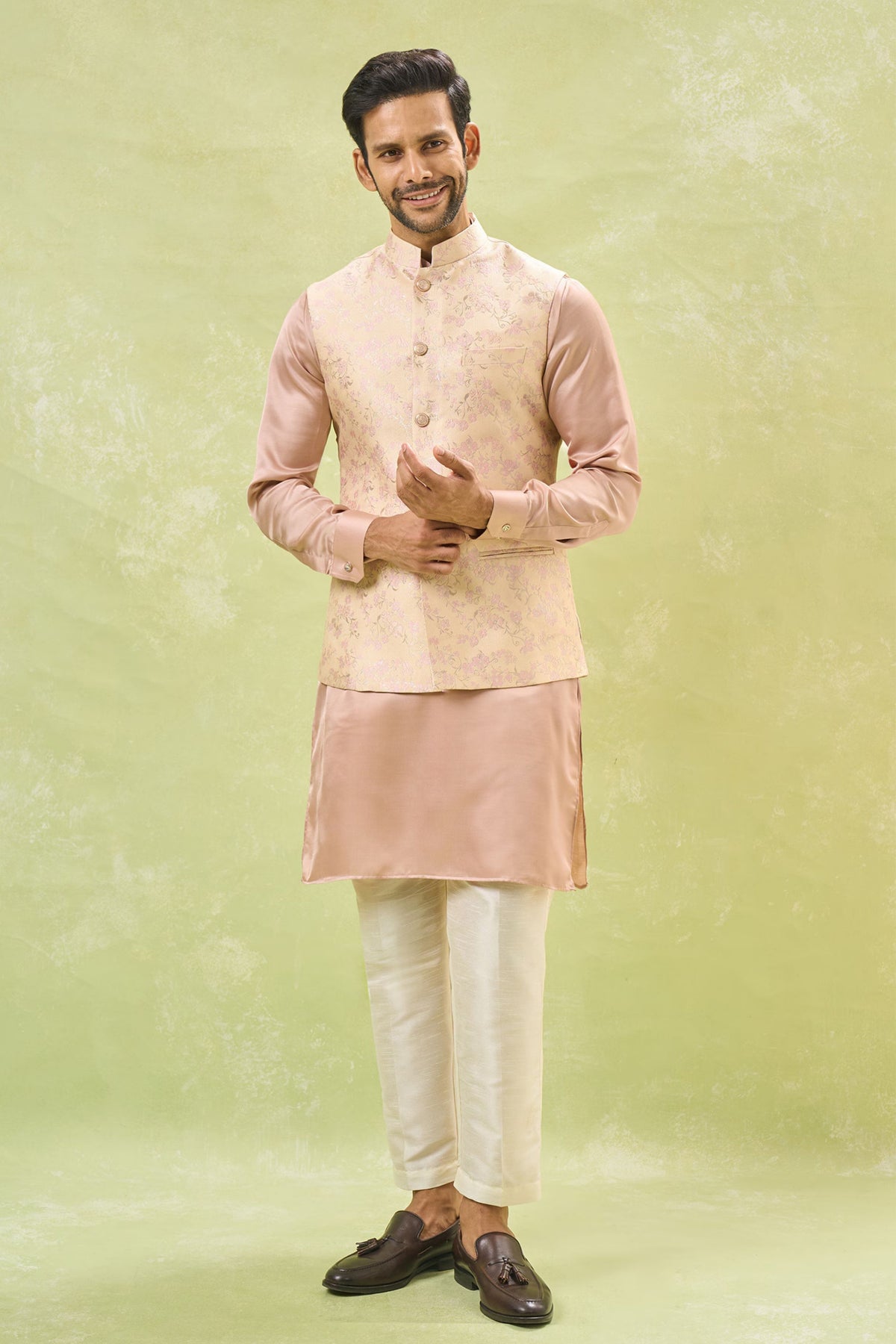 Pink Brocade Nehru Jacket Set