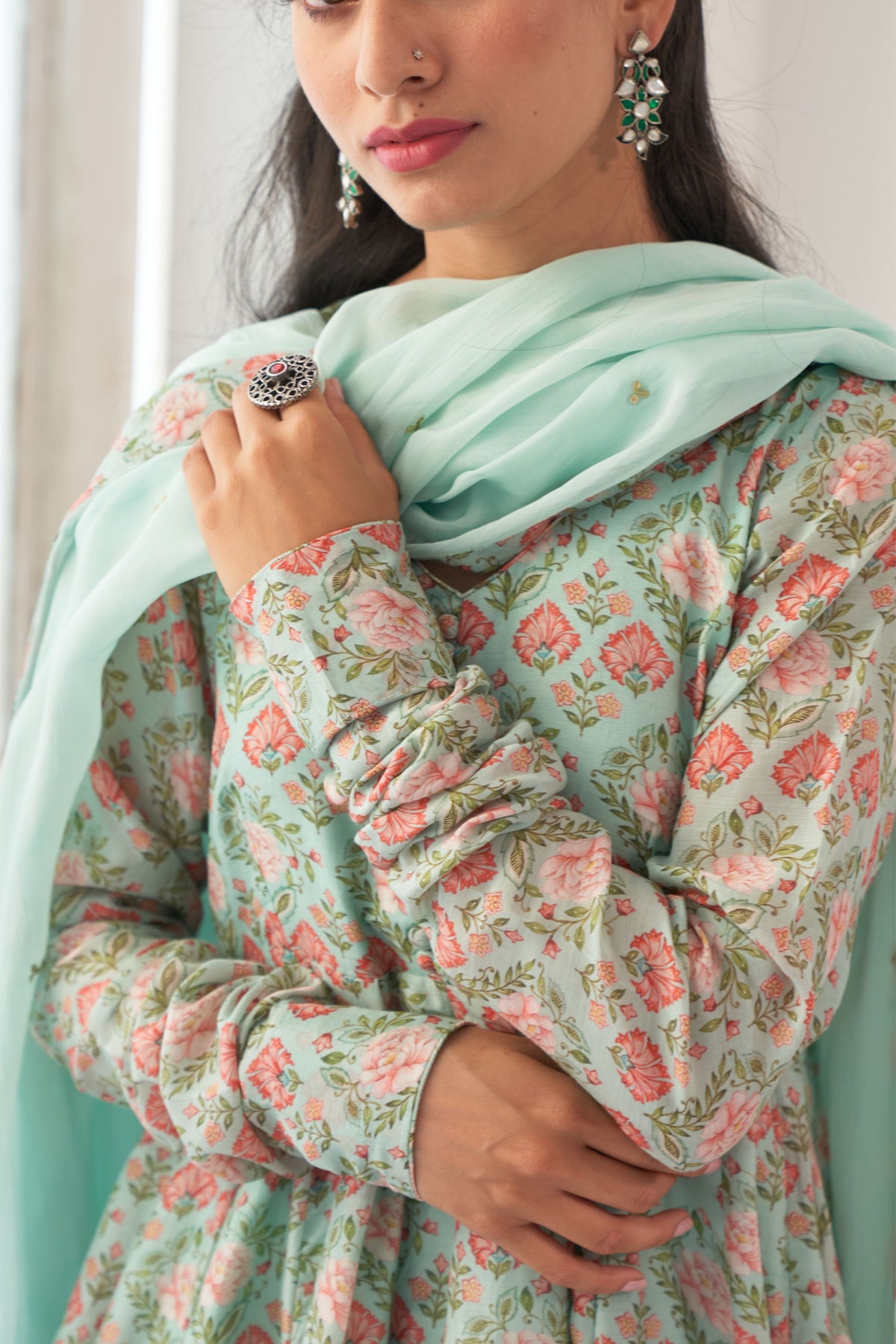 Aqua Peony Anarkali Set