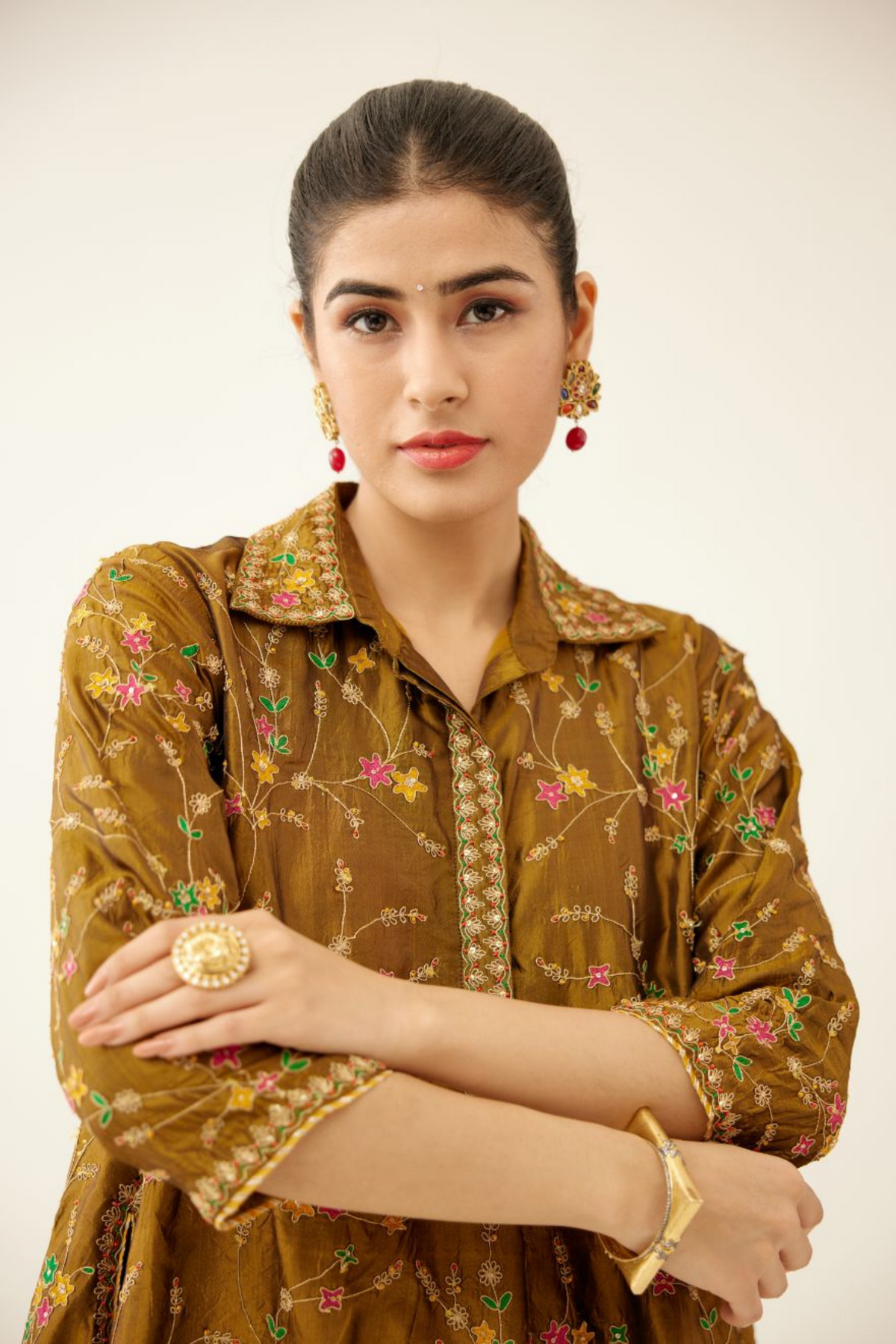 Golden Olive A-line Short Silk Kurta Set