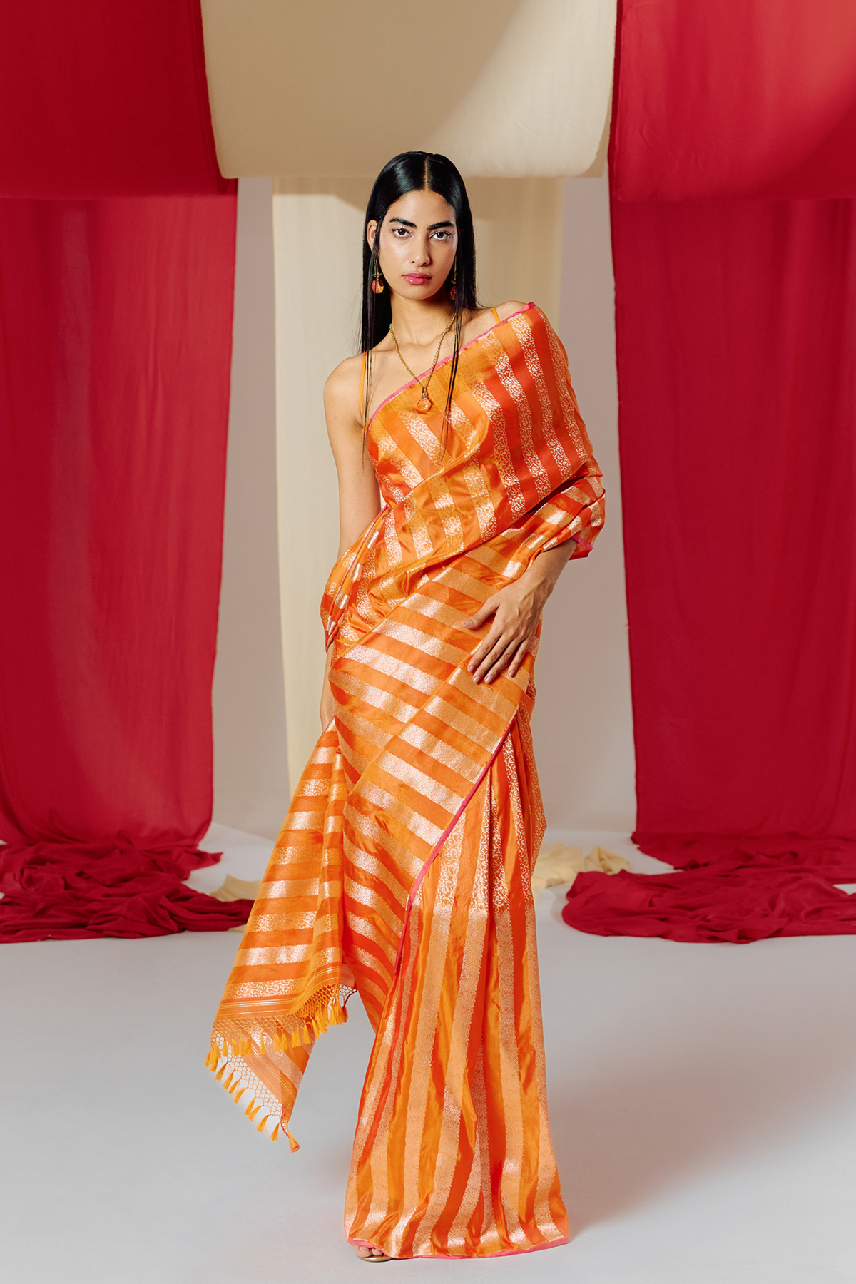 Orange Striped Silk Handwoven Saree