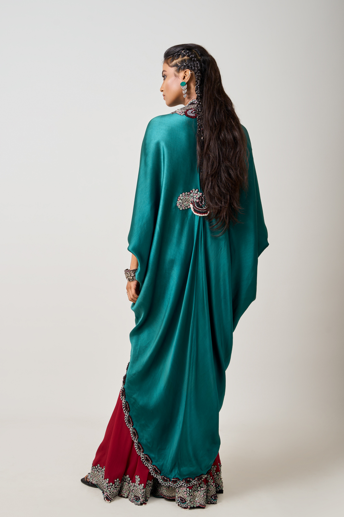 Teal Embroidered Long Cape Set