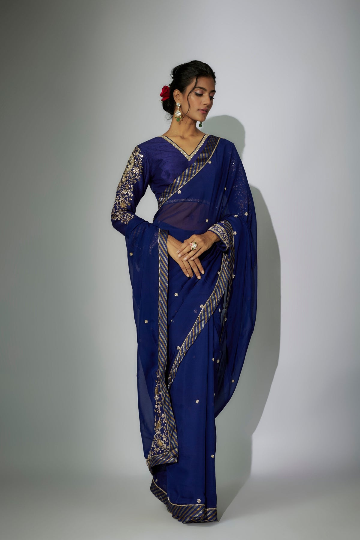 Royal Blue Embroidered Saree Set