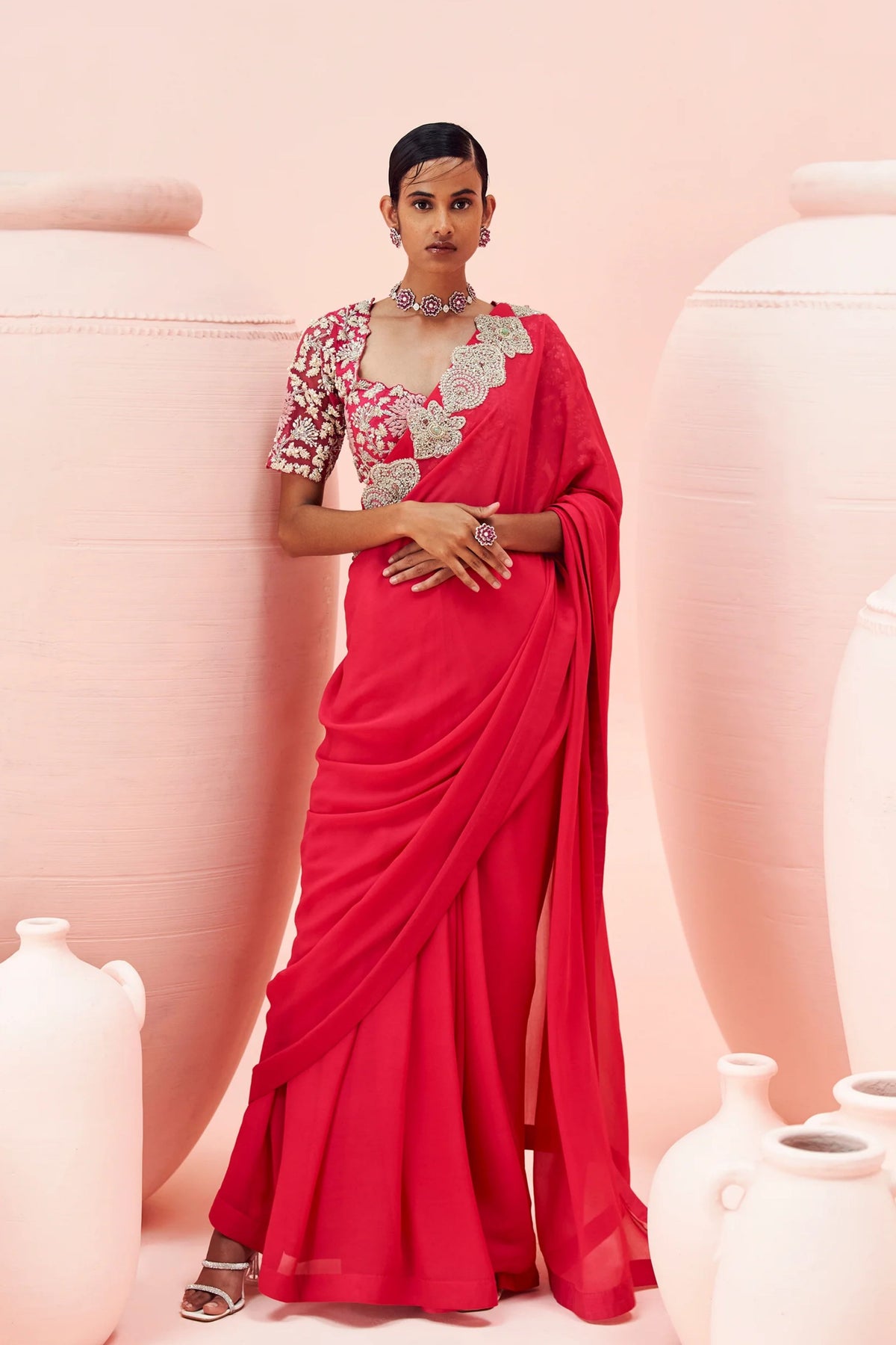 Fuchsia Embroidered Saree With Floral Blouse