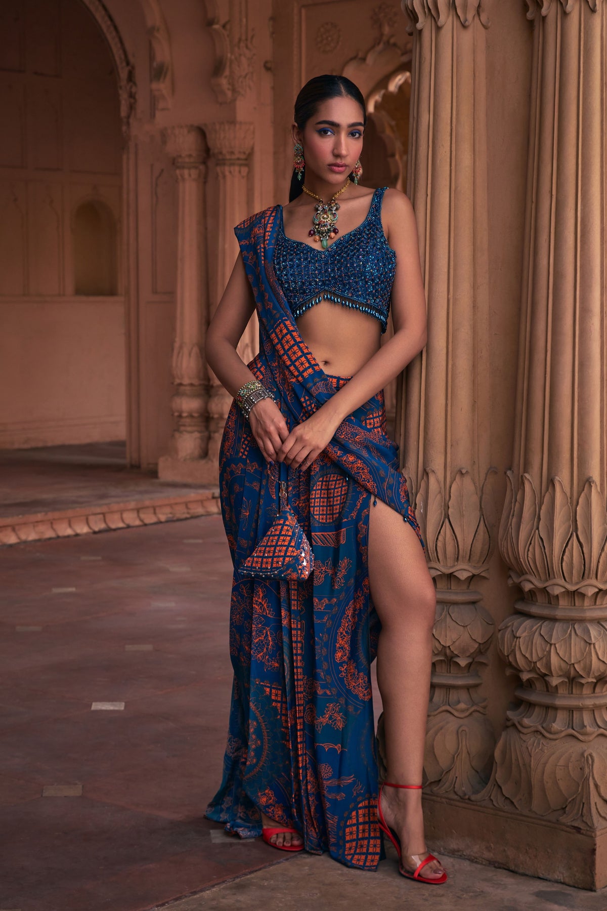 Teal Grid Draped Saree Set