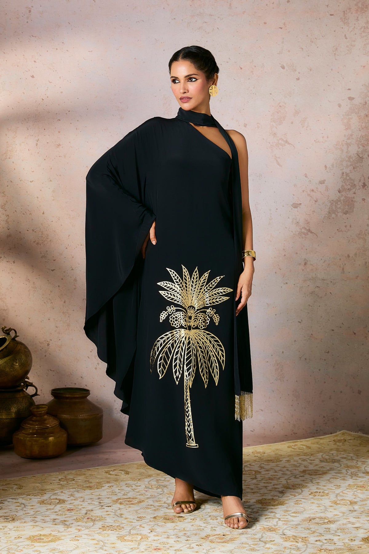 Black Tropical One Shoulder Kaftan