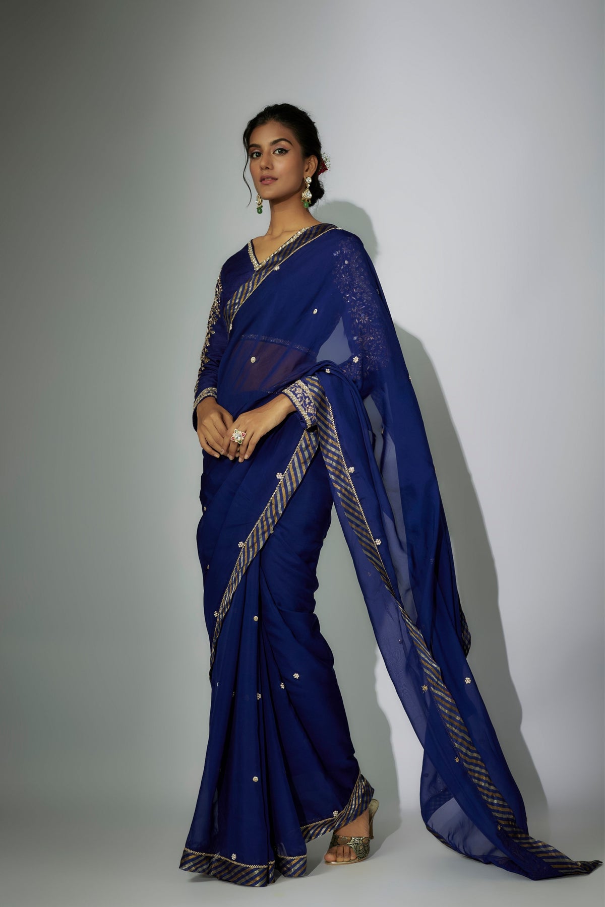 Royal Blue Embroidered Saree Set