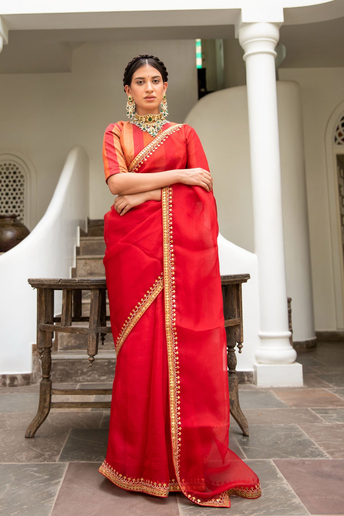 Red Gota Patti Border Saree Set