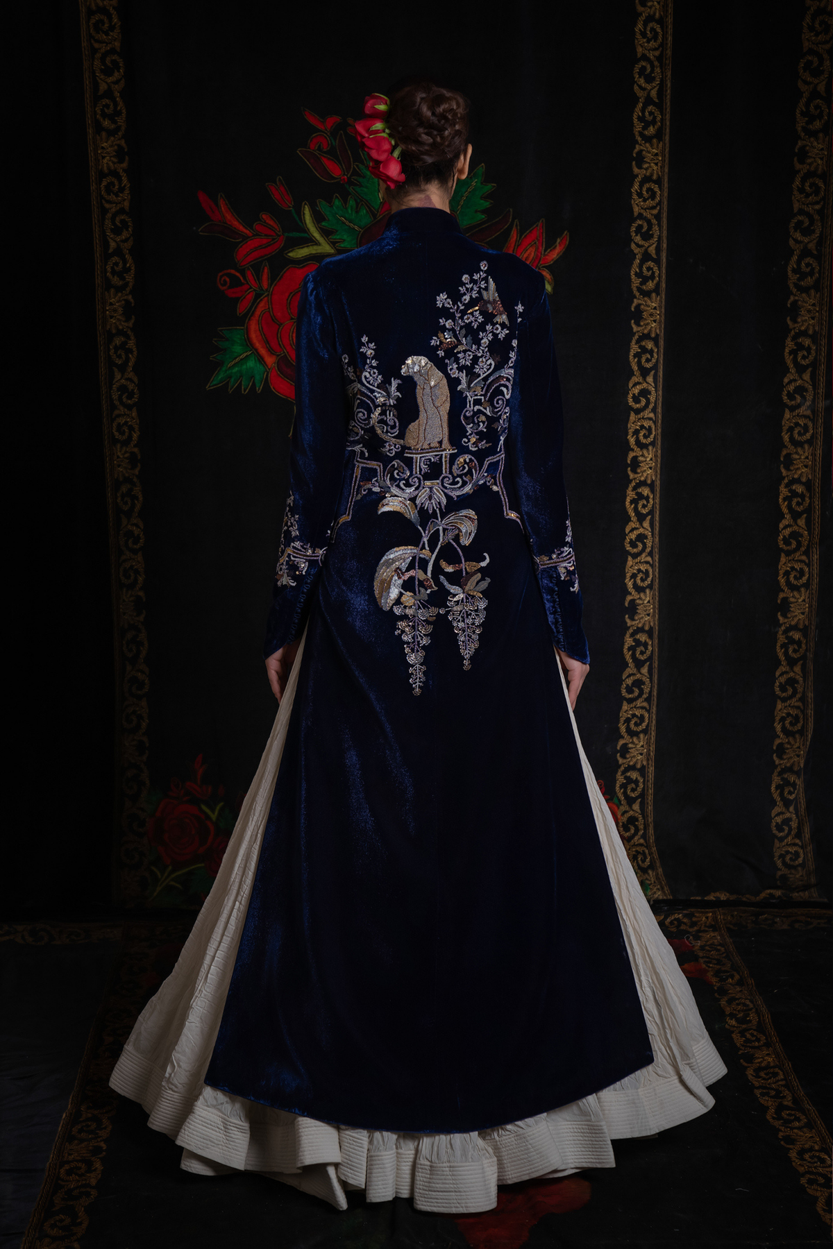 Indigo Long Velvet Jacket With Embroidery