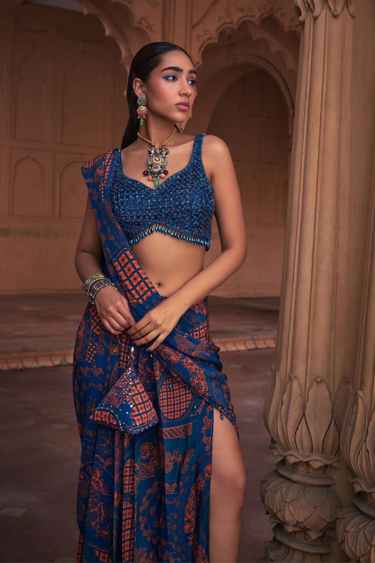 Teal Grid Draped Saree Set