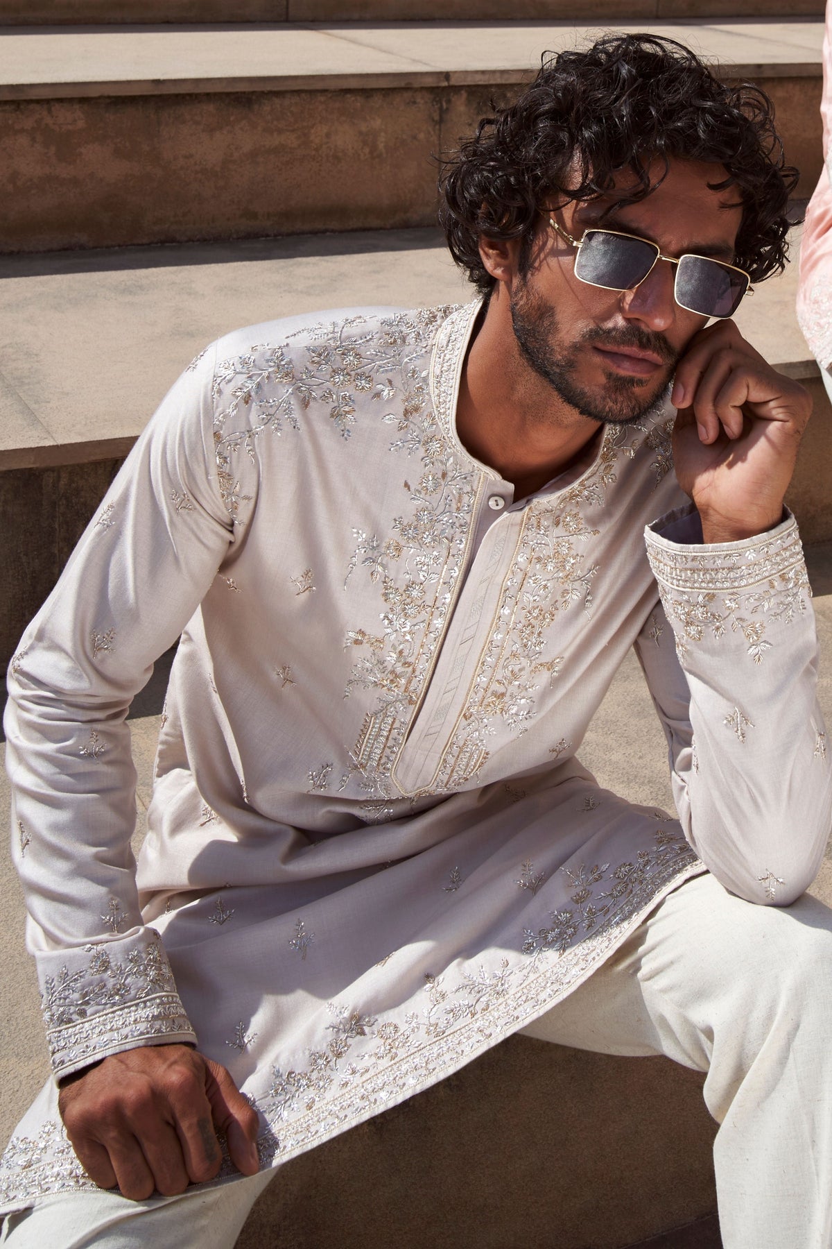 Ivory Geometric Creeper Kurta