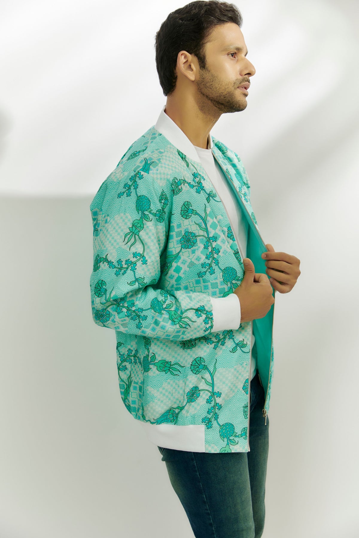 Cyan Blue Printed Bomber Jacket.