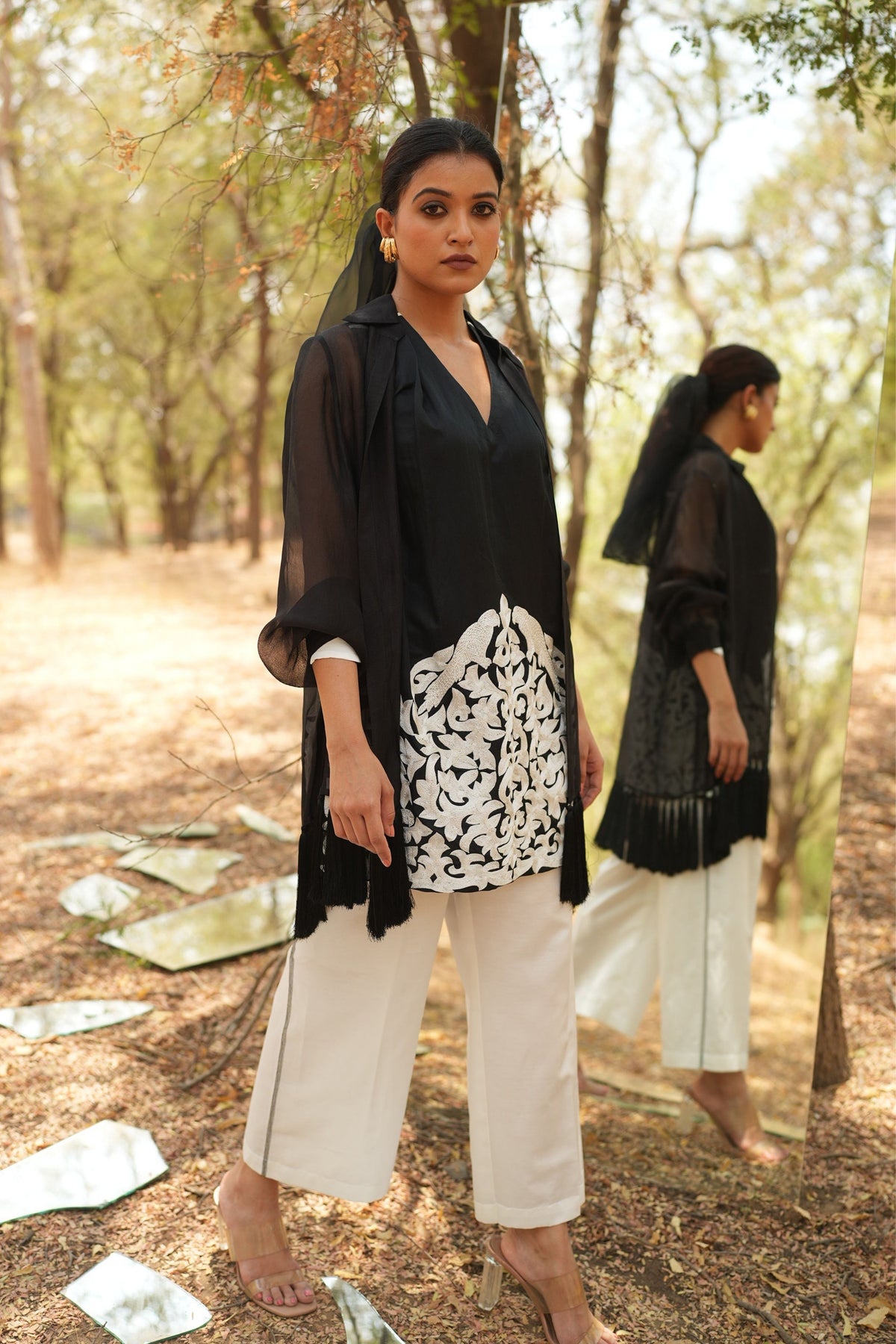 Black Embroidered Kurta With White Pants