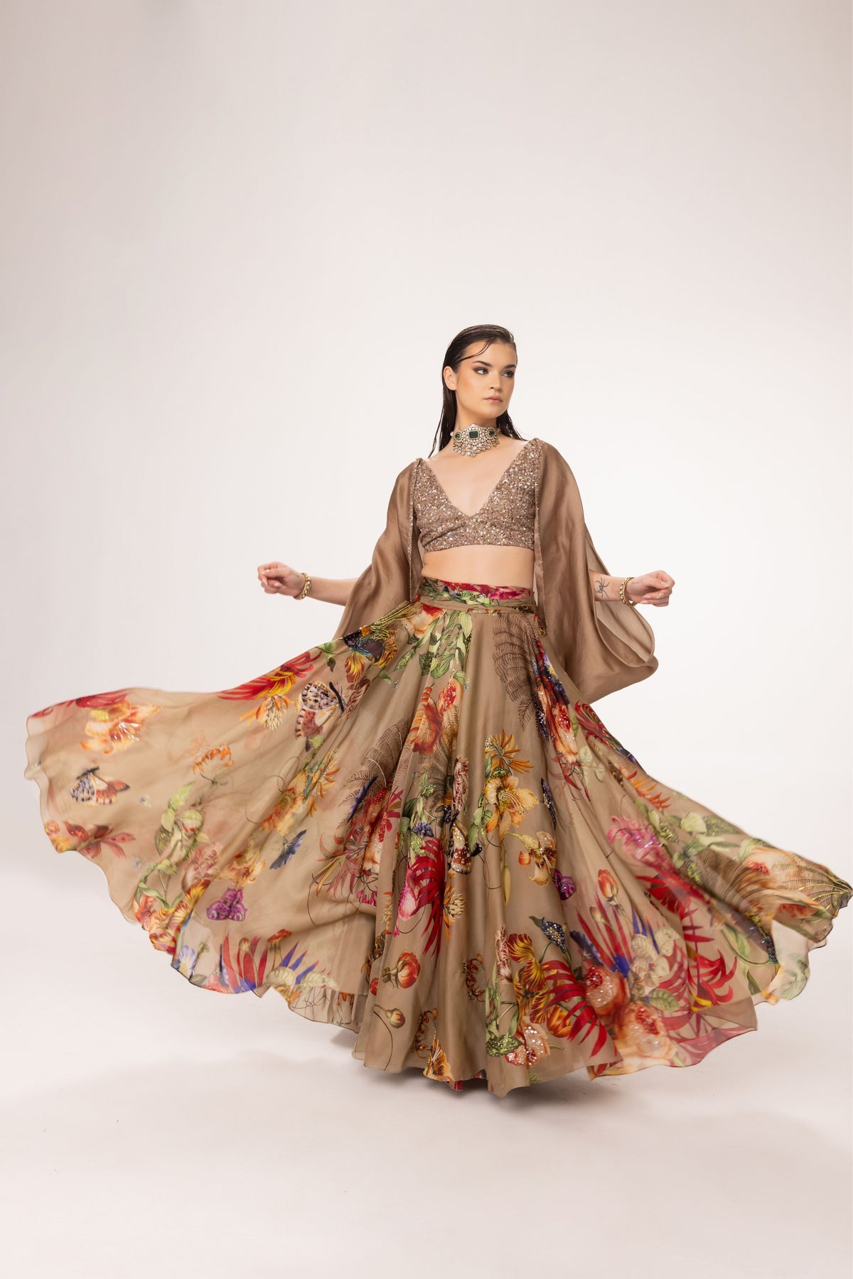 Cowl Lehenga Set in Beige