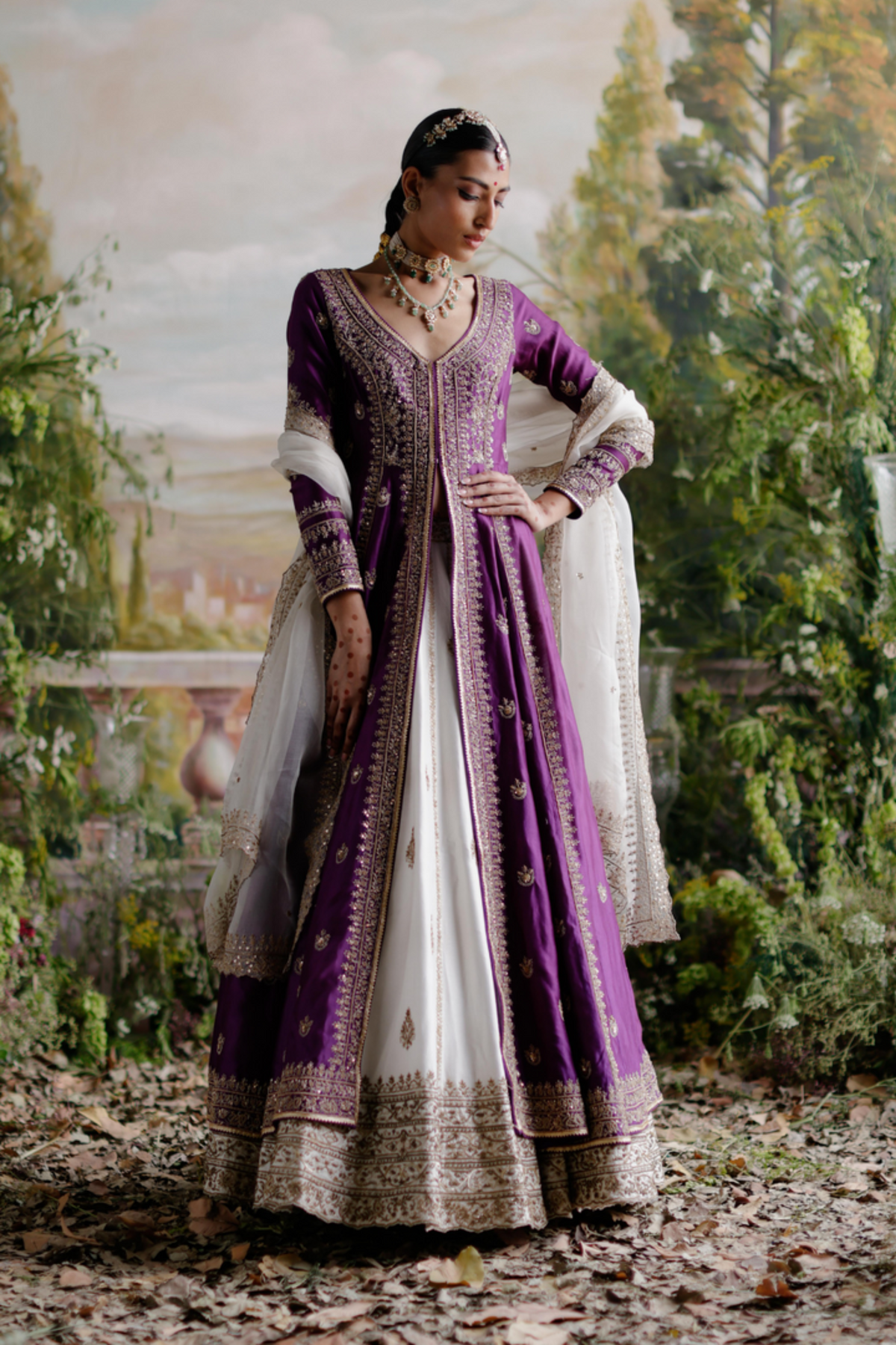 Purple Jacket With Ivory Lehenga