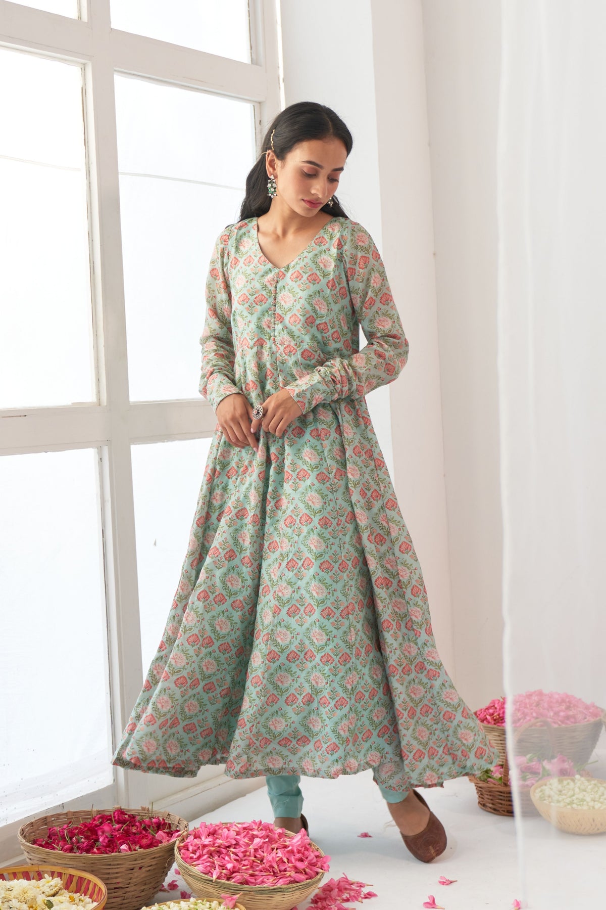 Aqua Peony Anarkali Set