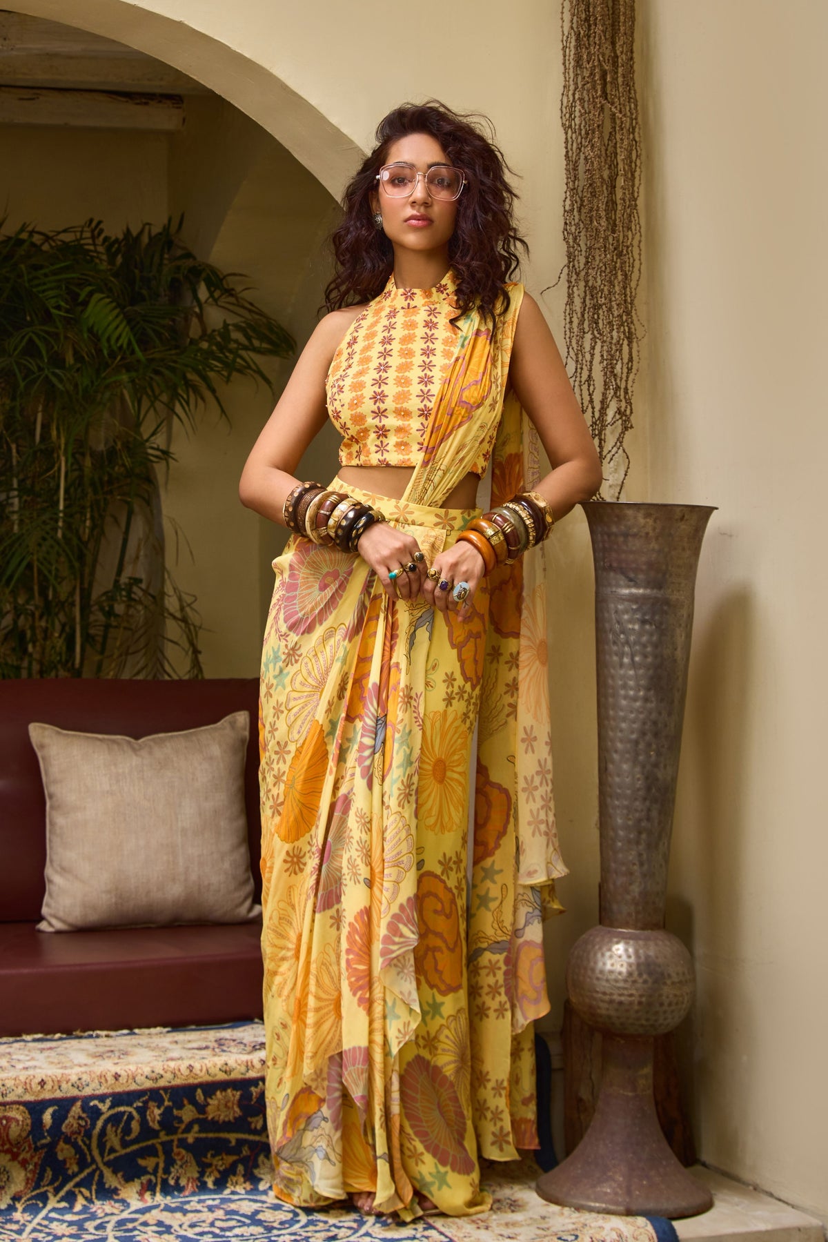 Yellow Floral Skirt Saree Set