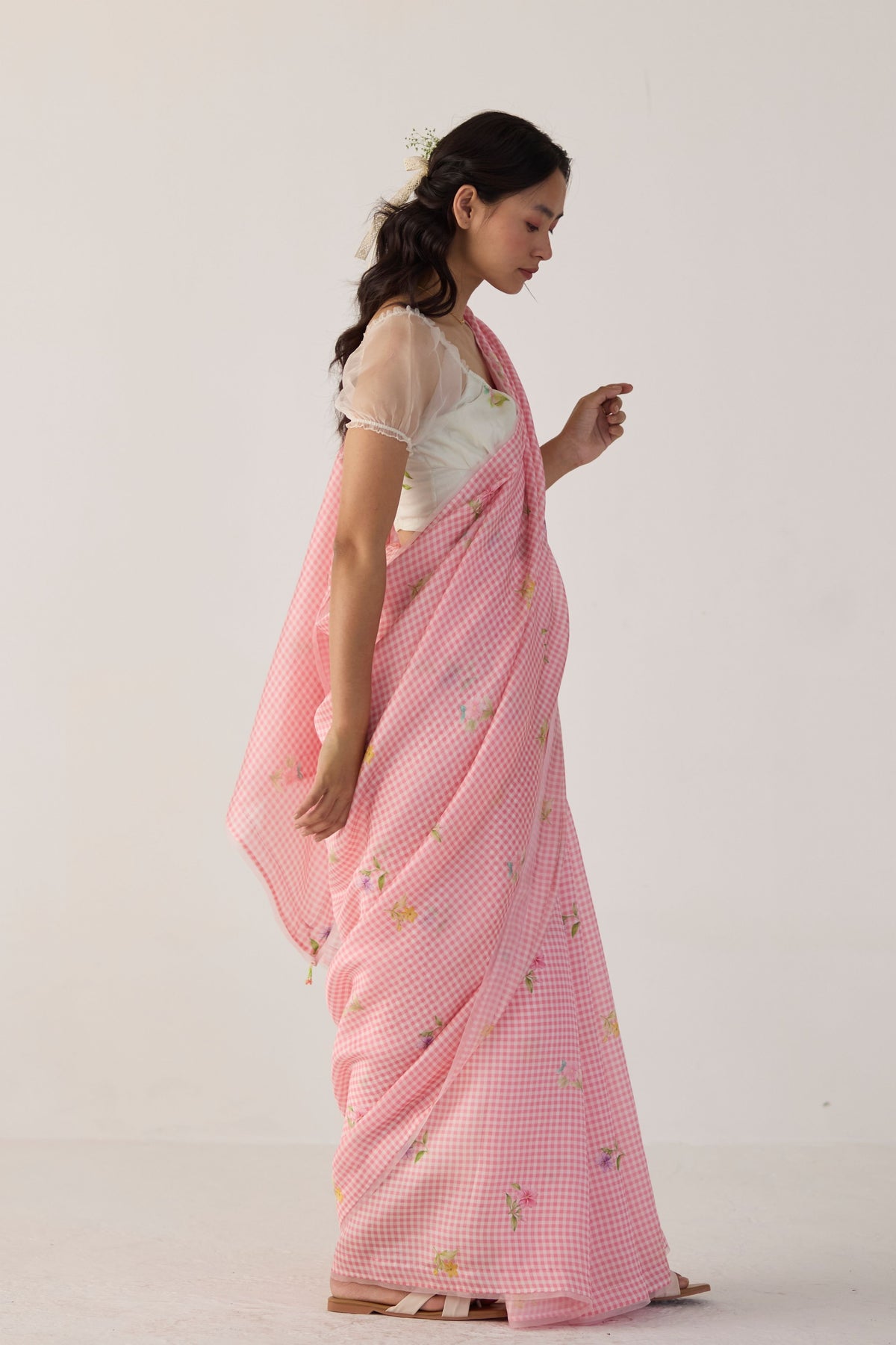 Pink Serene Meadow Mulberry Organza Silk Sari