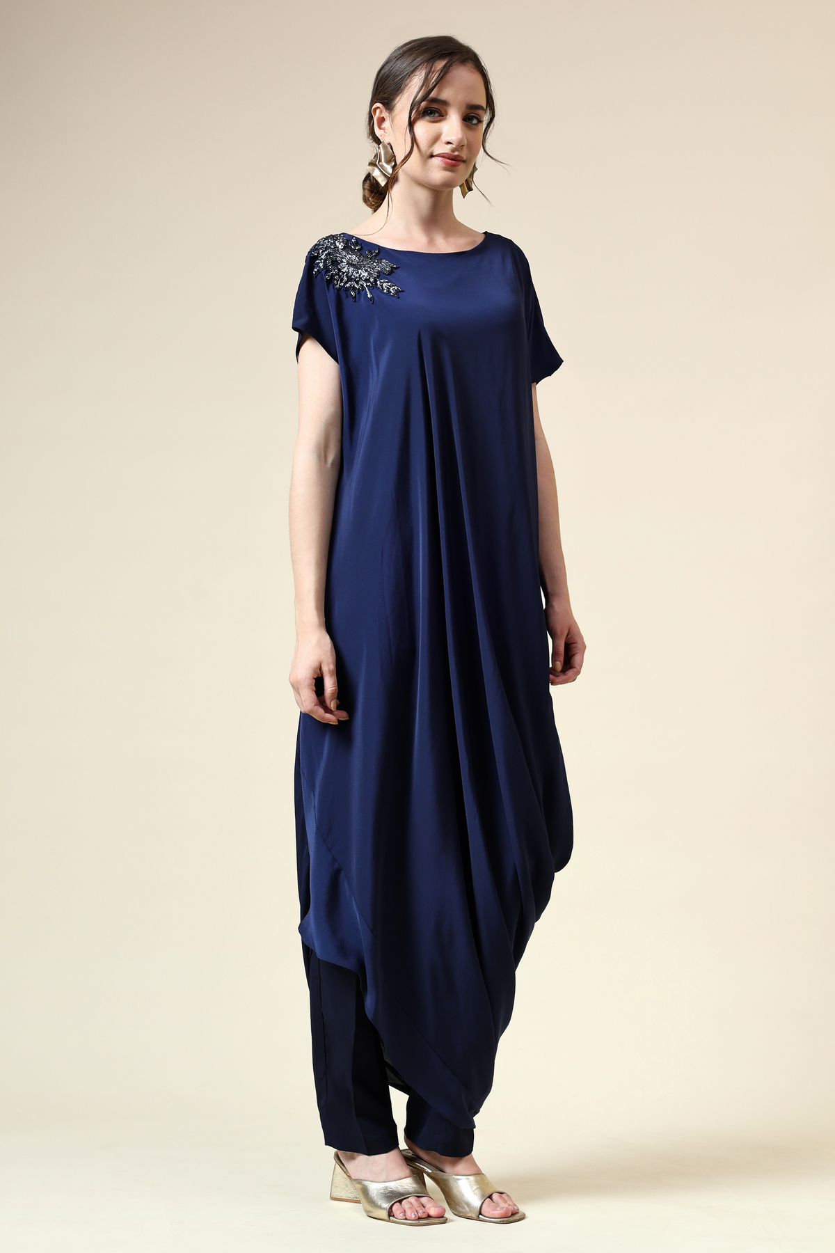 Navy Draped Tunic With Crystal Embellishment