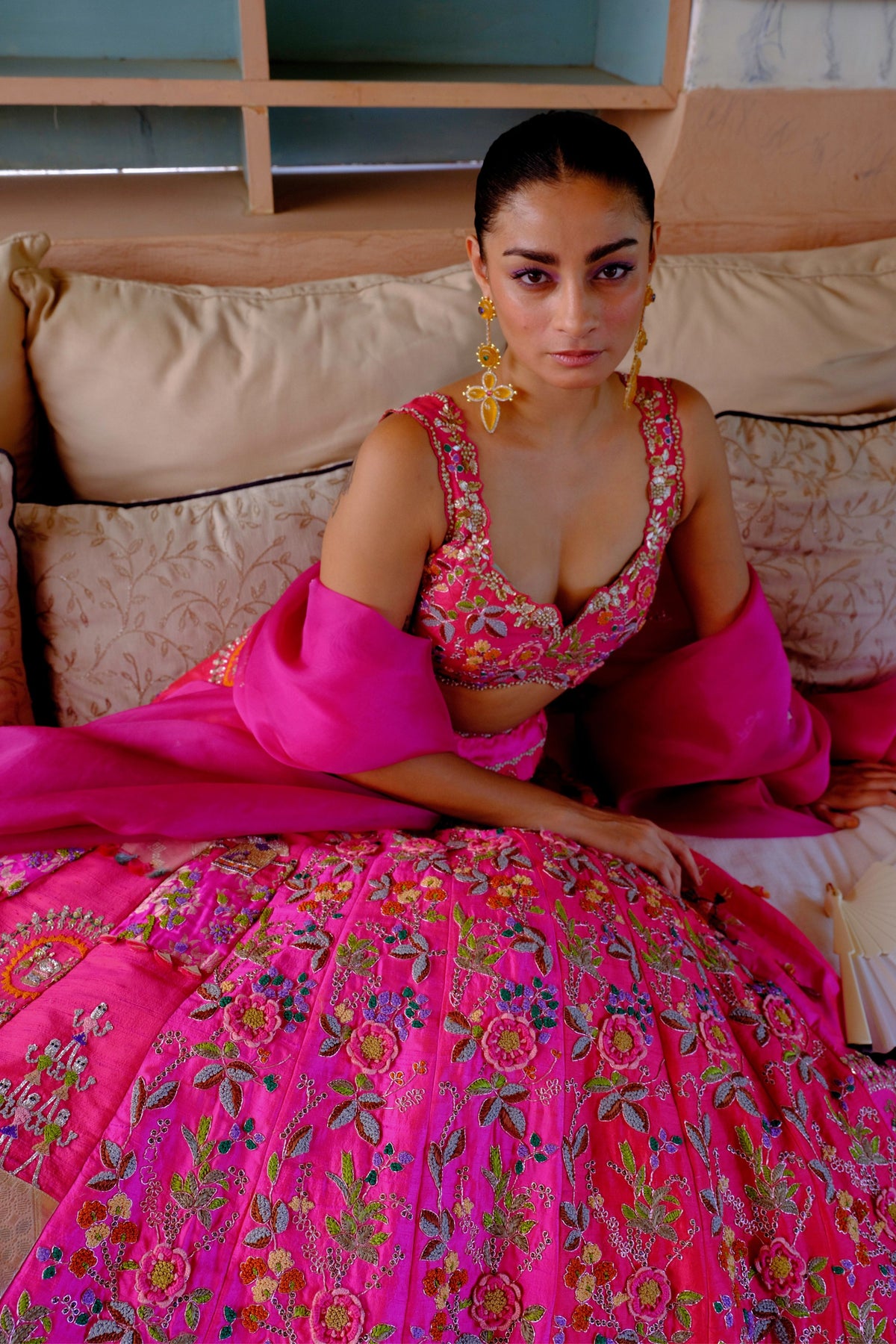 Fuchsia Floral Silk Lehenga Set