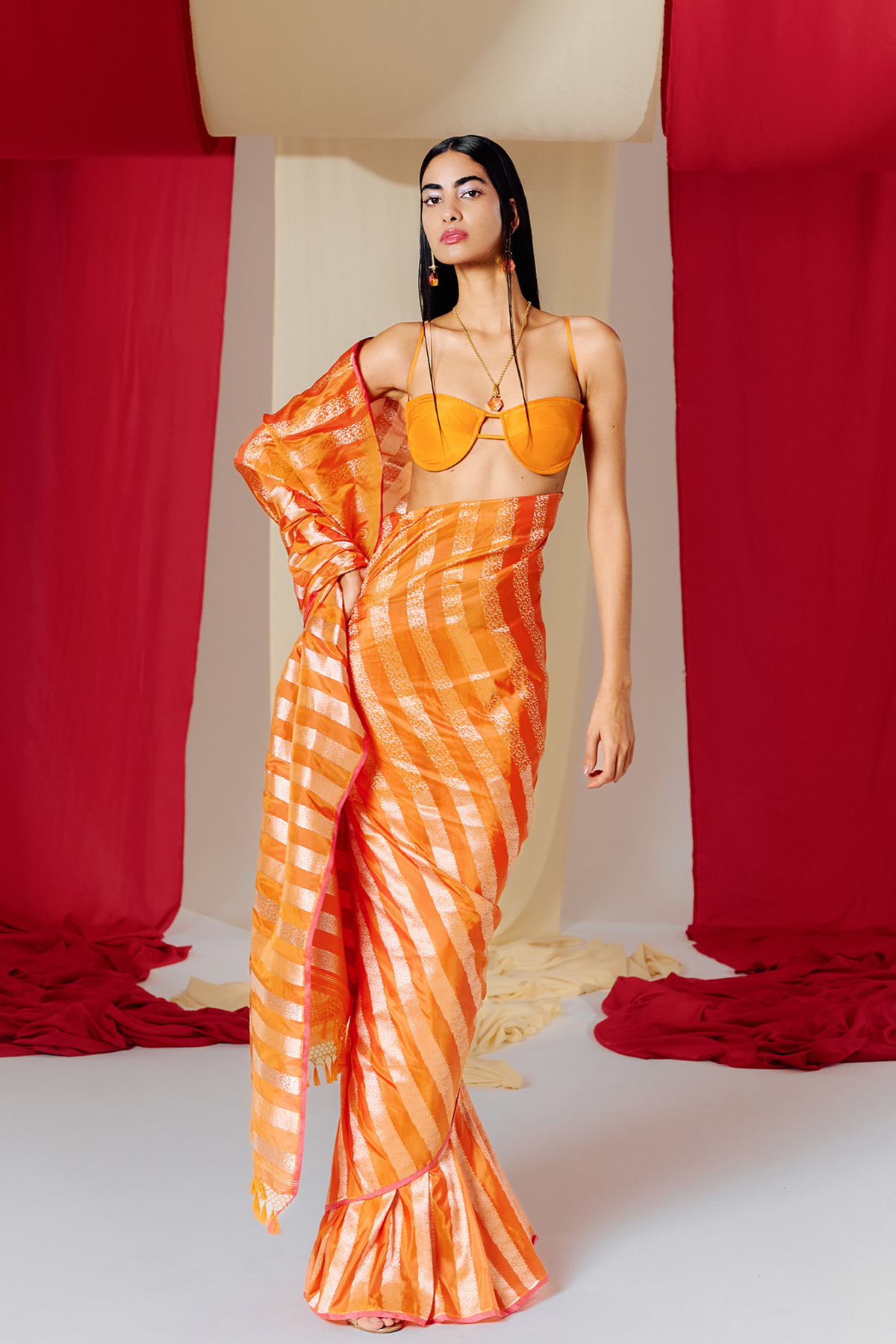 Orange Striped Silk Handwoven Saree