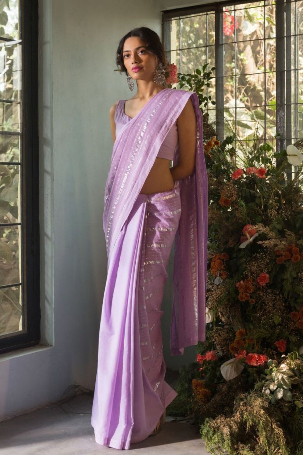 Lavender Stripes Saree Set