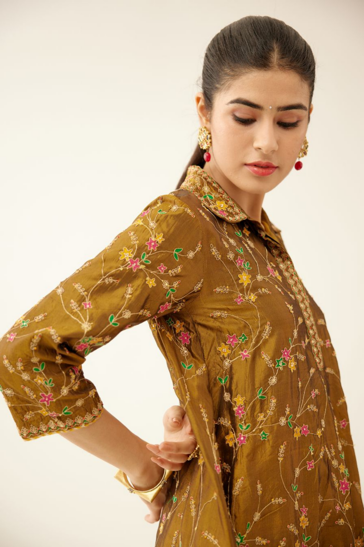 Golden Olive A-line Short Silk Kurta Set