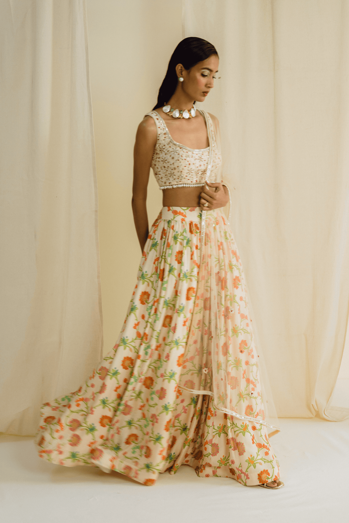 Navy Gathered Printed Lehenga Set