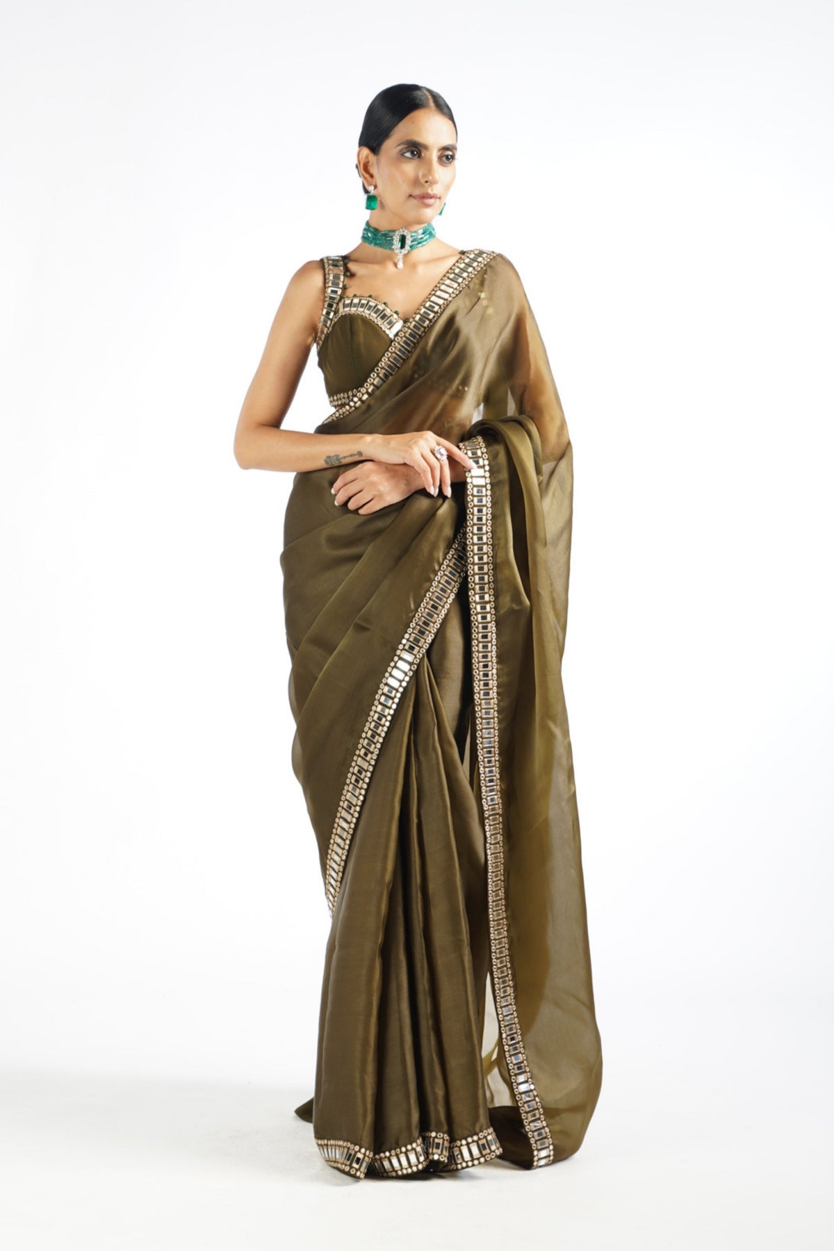 Olive Green Mirror Work Saree Set