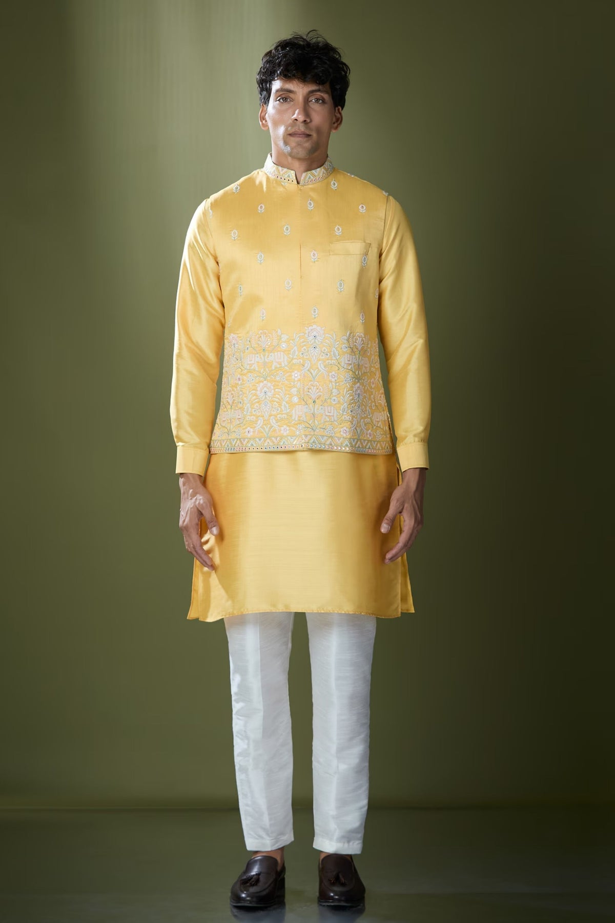 Yellow Embroidered Nehru Jacket Set