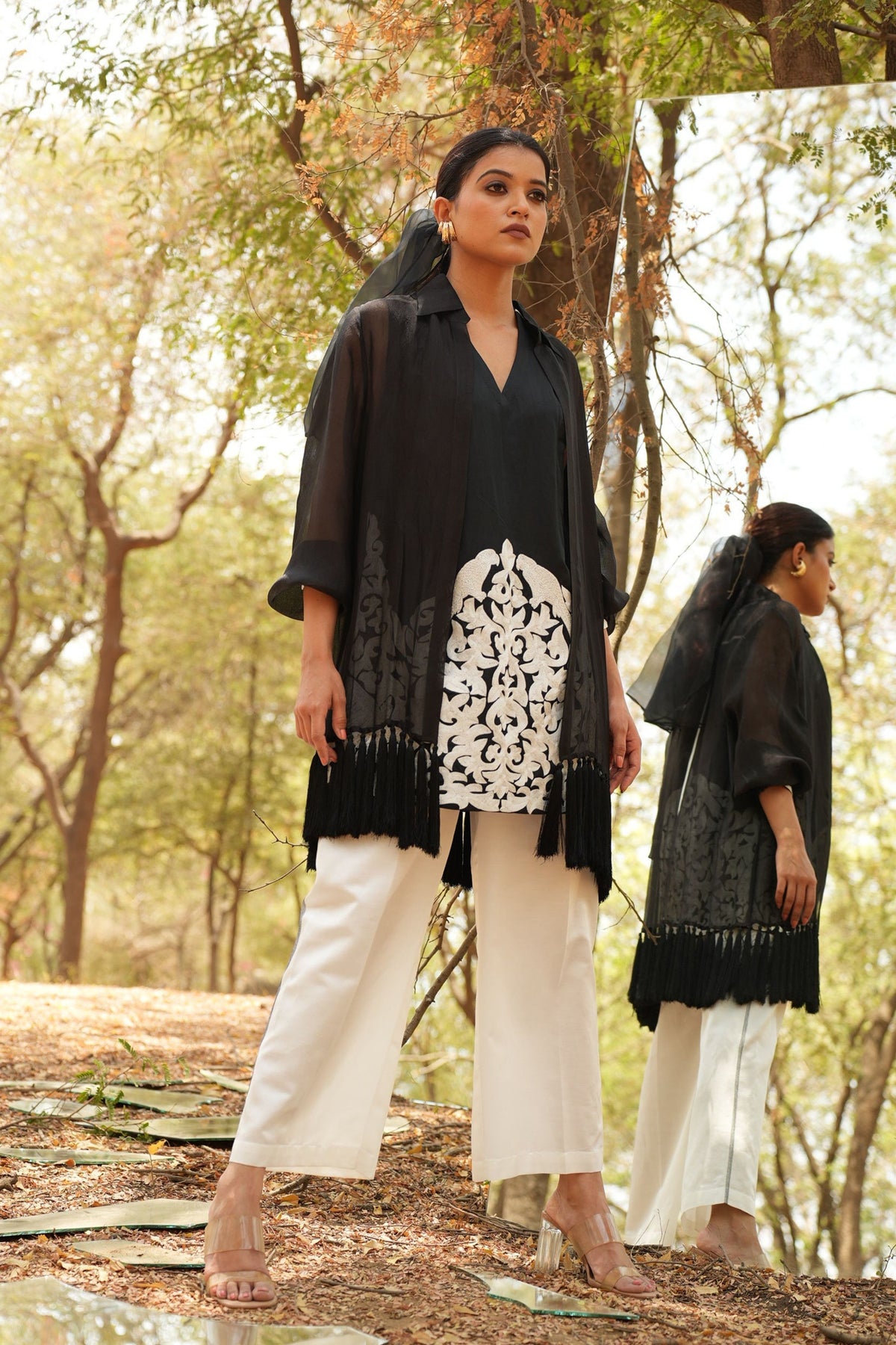 Black Embroidered Kurta With White Pants