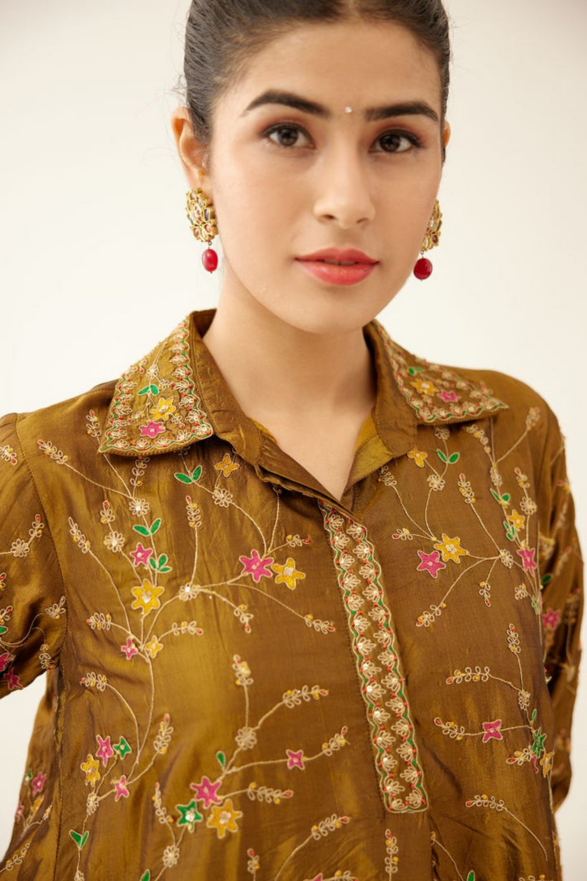 Golden Olive A-line Short Silk Kurta Set