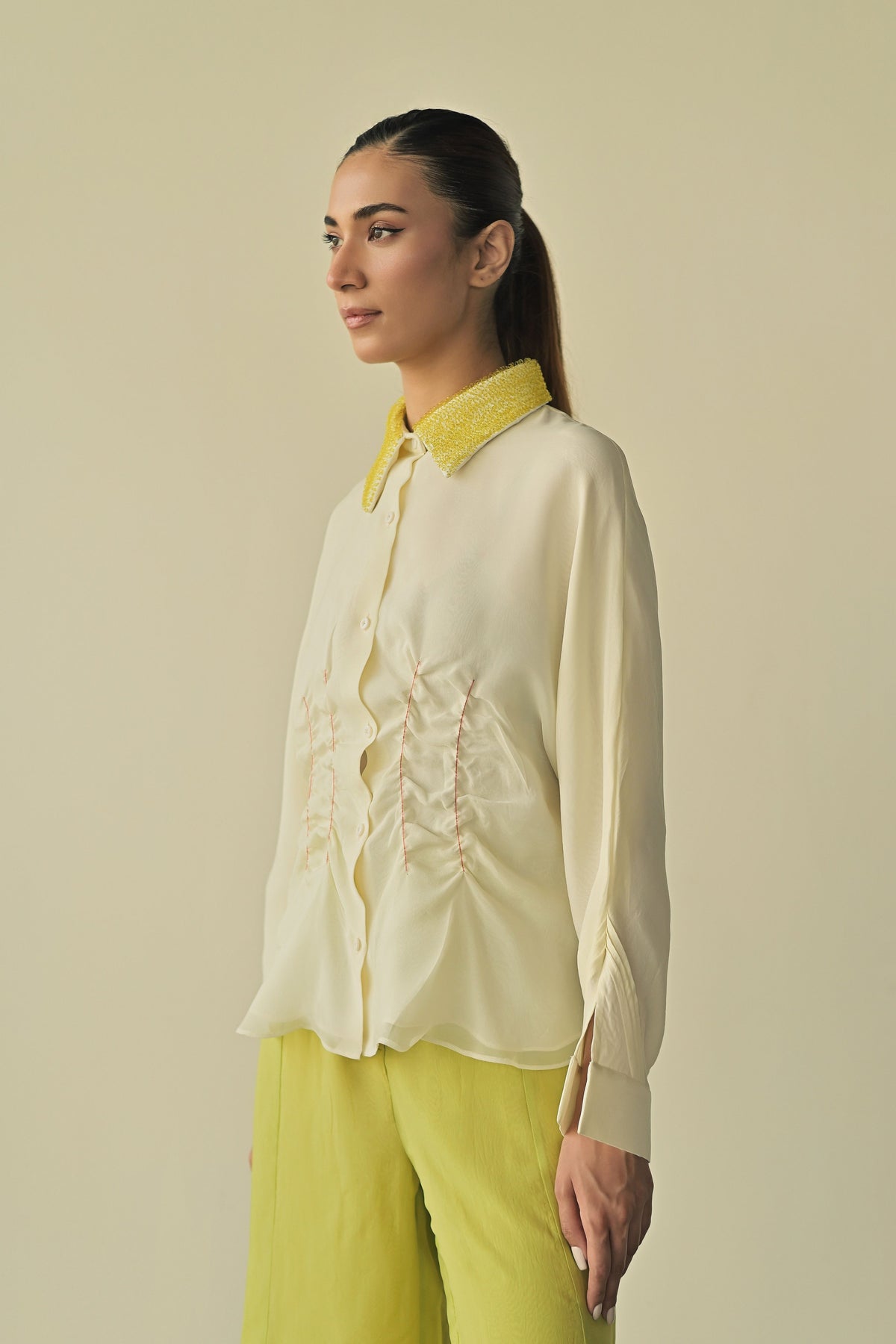 Scrunched Waist Loop Collar Shirt