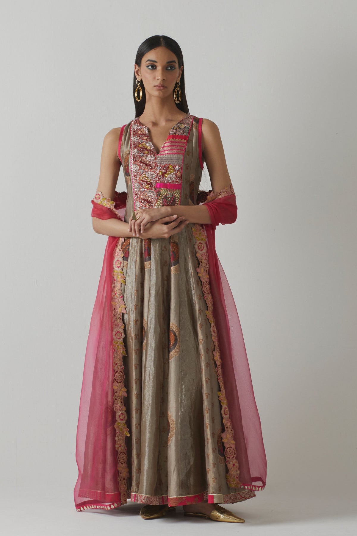 Grey &amp; Fuchsia Anarkali Set