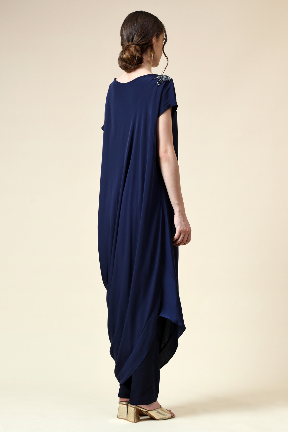 Navy Draped Tunic With Crystal Embellishment