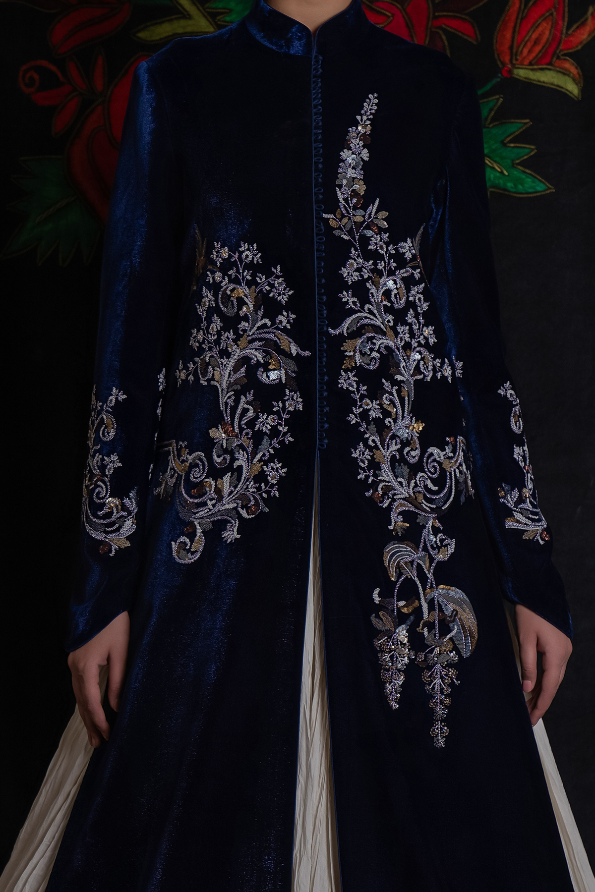 Indigo Long Velvet Jacket With Embroidery