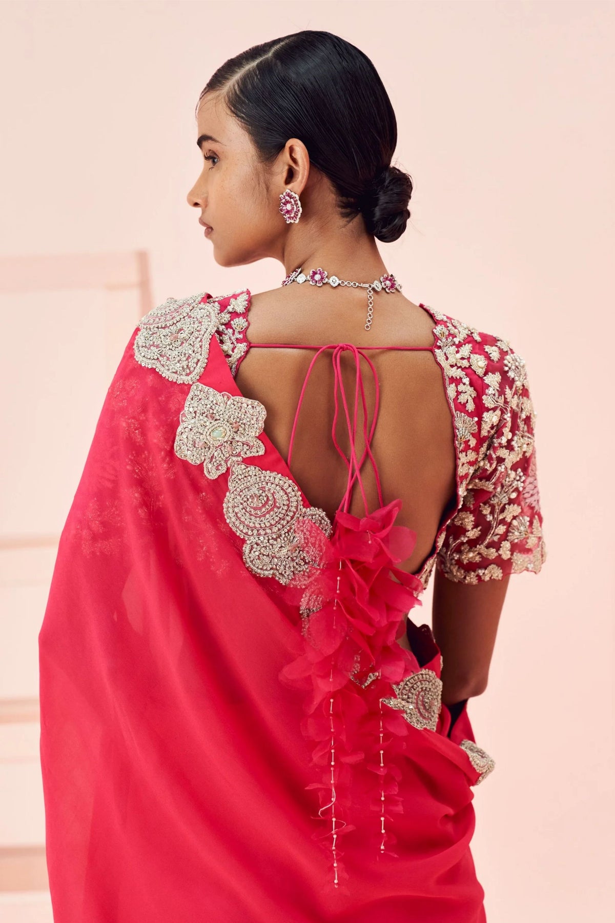 Fuchsia Embroidered Saree With Floral Blouse