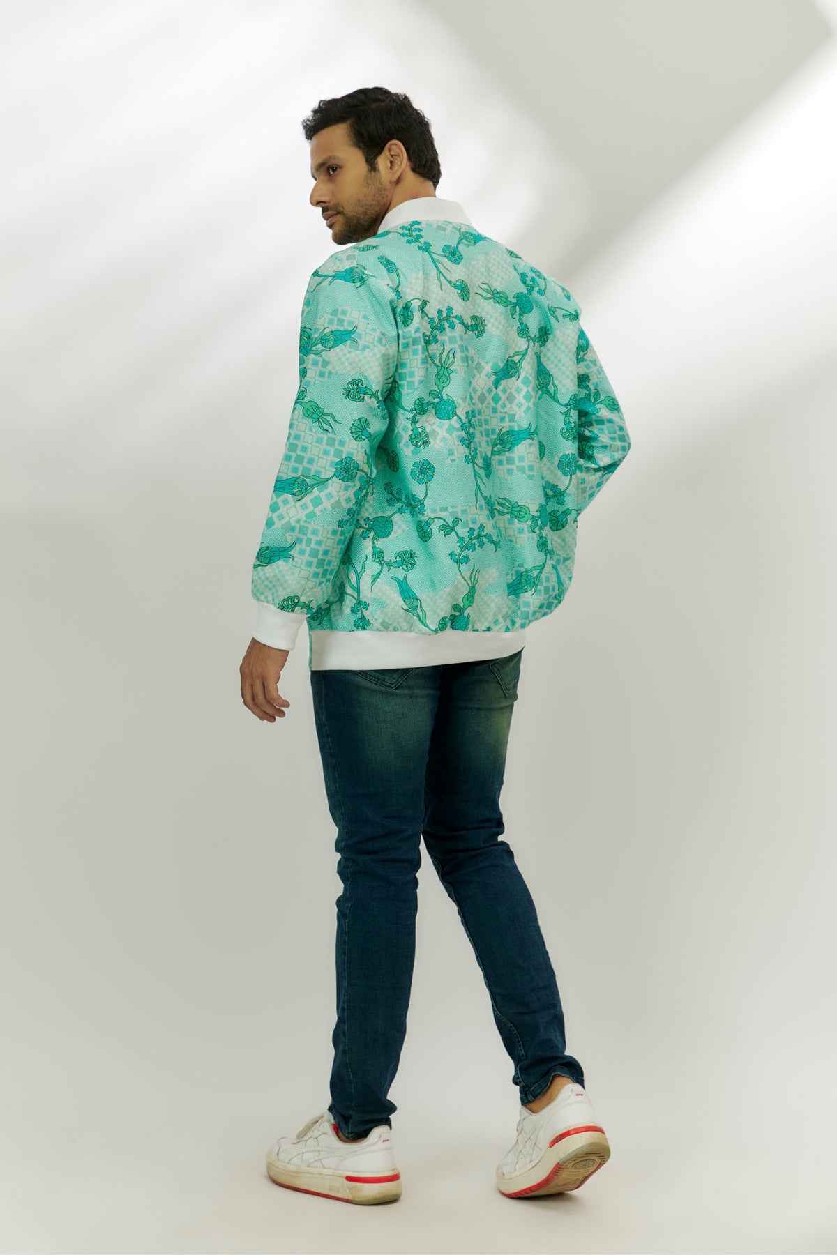 Cyan Blue Printed Bomber Jacket.