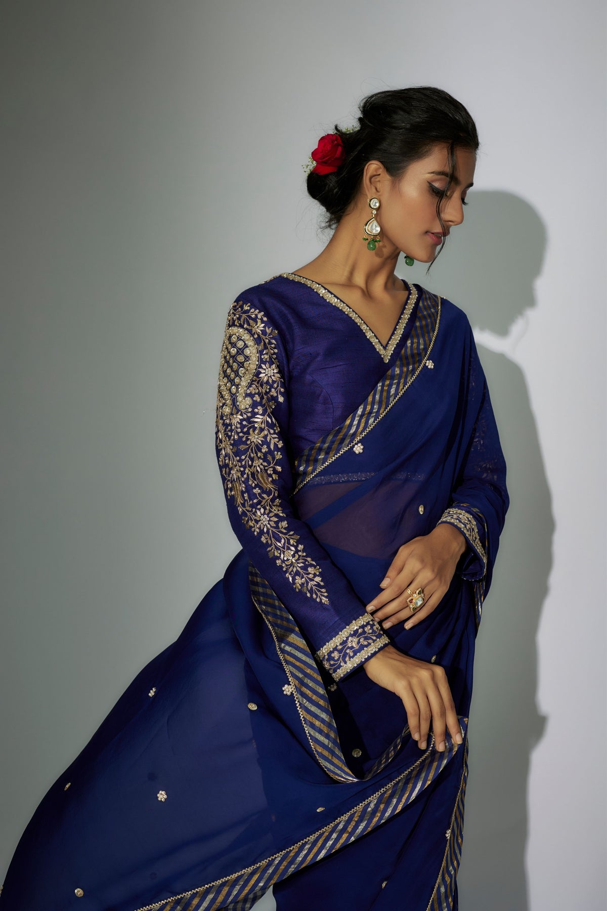 Royal Blue Embroidered Saree Set