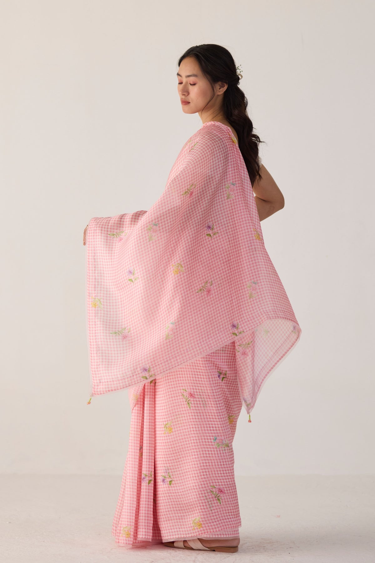 Pink Serene Meadow Mulberry Organza Silk Sari