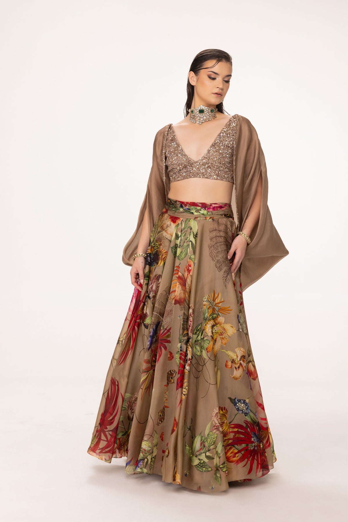 Cowl Lehenga Set in Beige