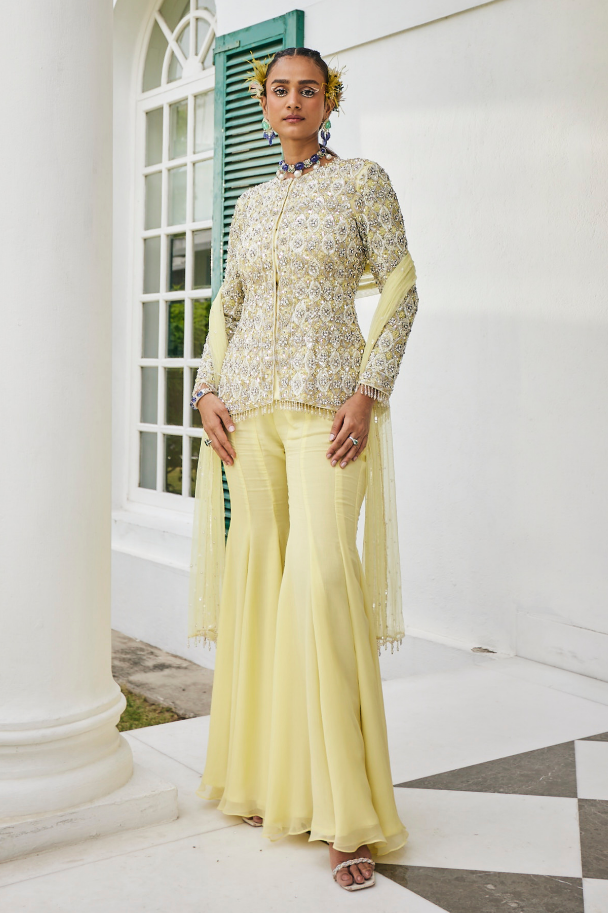 Yellow Embroidered Jacket Sharara Set