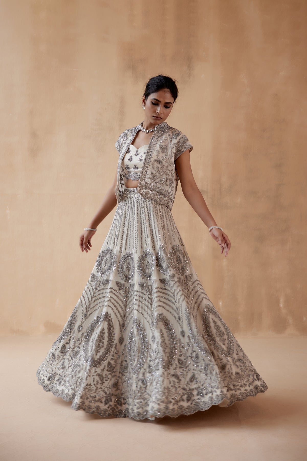 Grey Floral Organza Lehenga Set