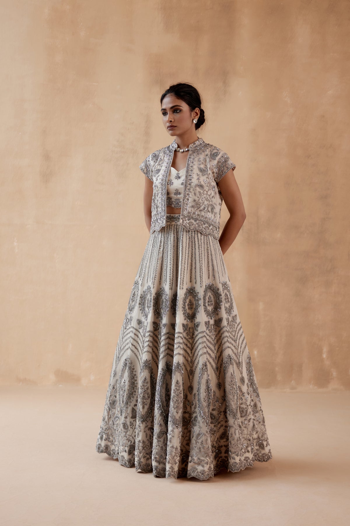 Grey Floral Organza Lehenga Set