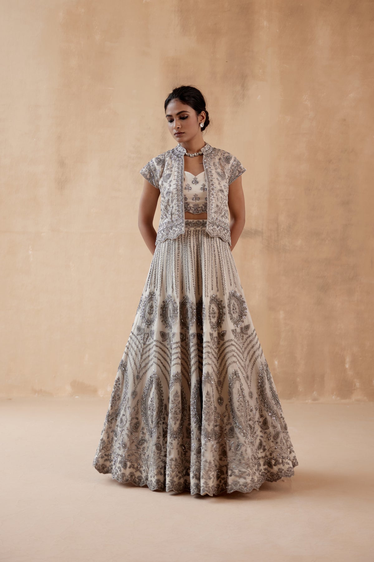 Grey Floral Organza Lehenga Set