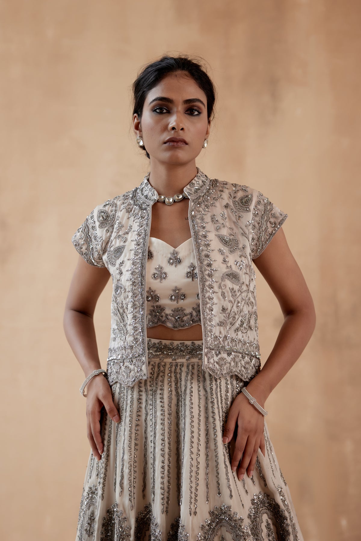 Grey Floral Organza Lehenga Set