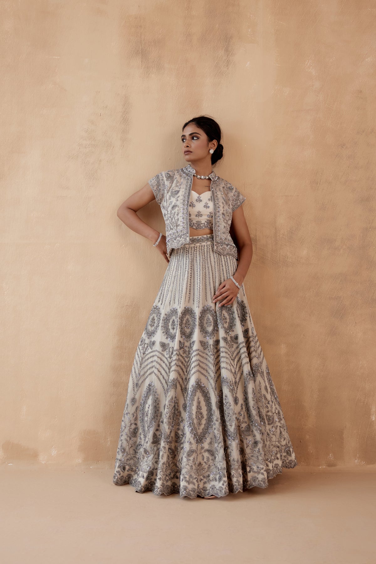 Grey Floral Organza Lehenga Set