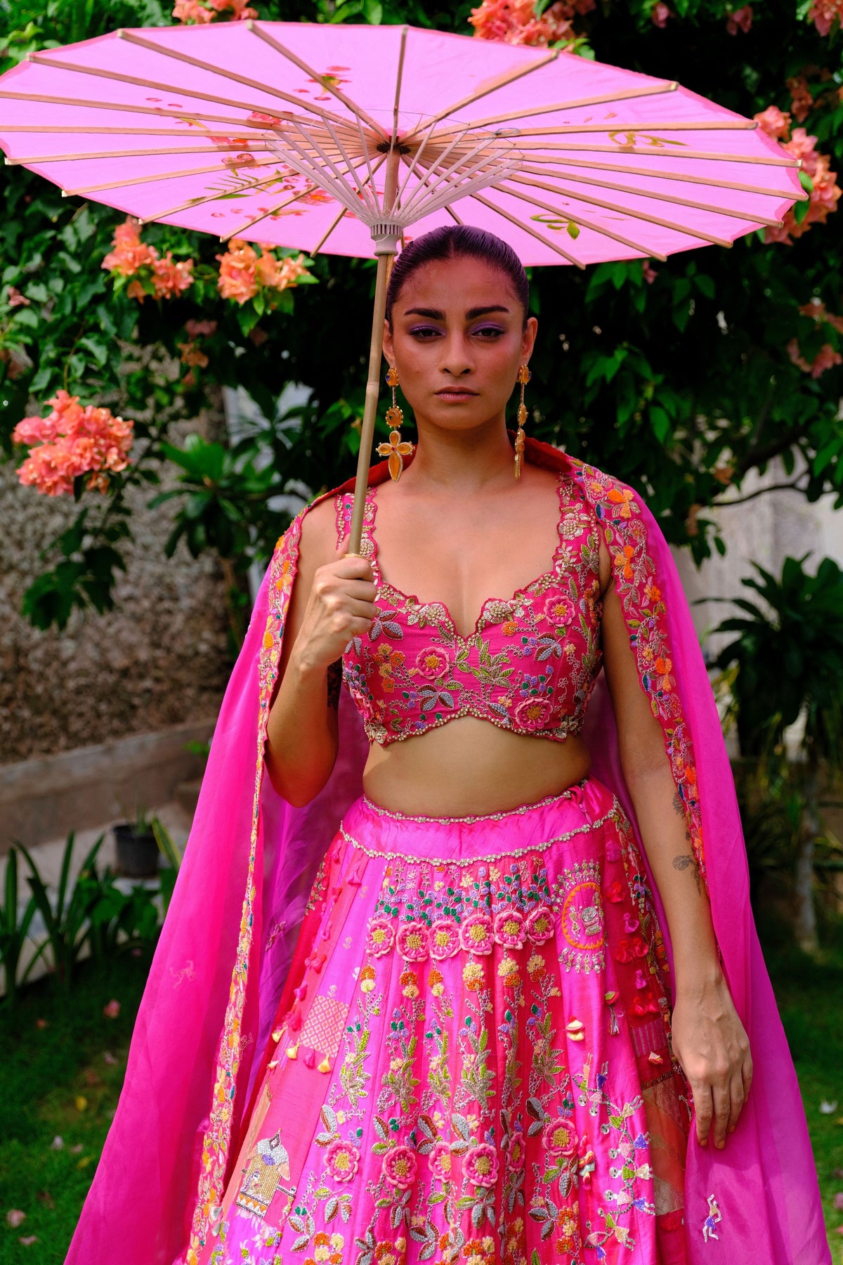 Fuchsia Floral Silk Lehenga Set