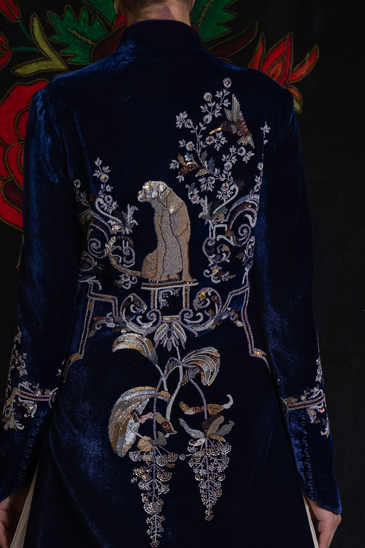 Indigo Long Velvet Jacket With Embroidery