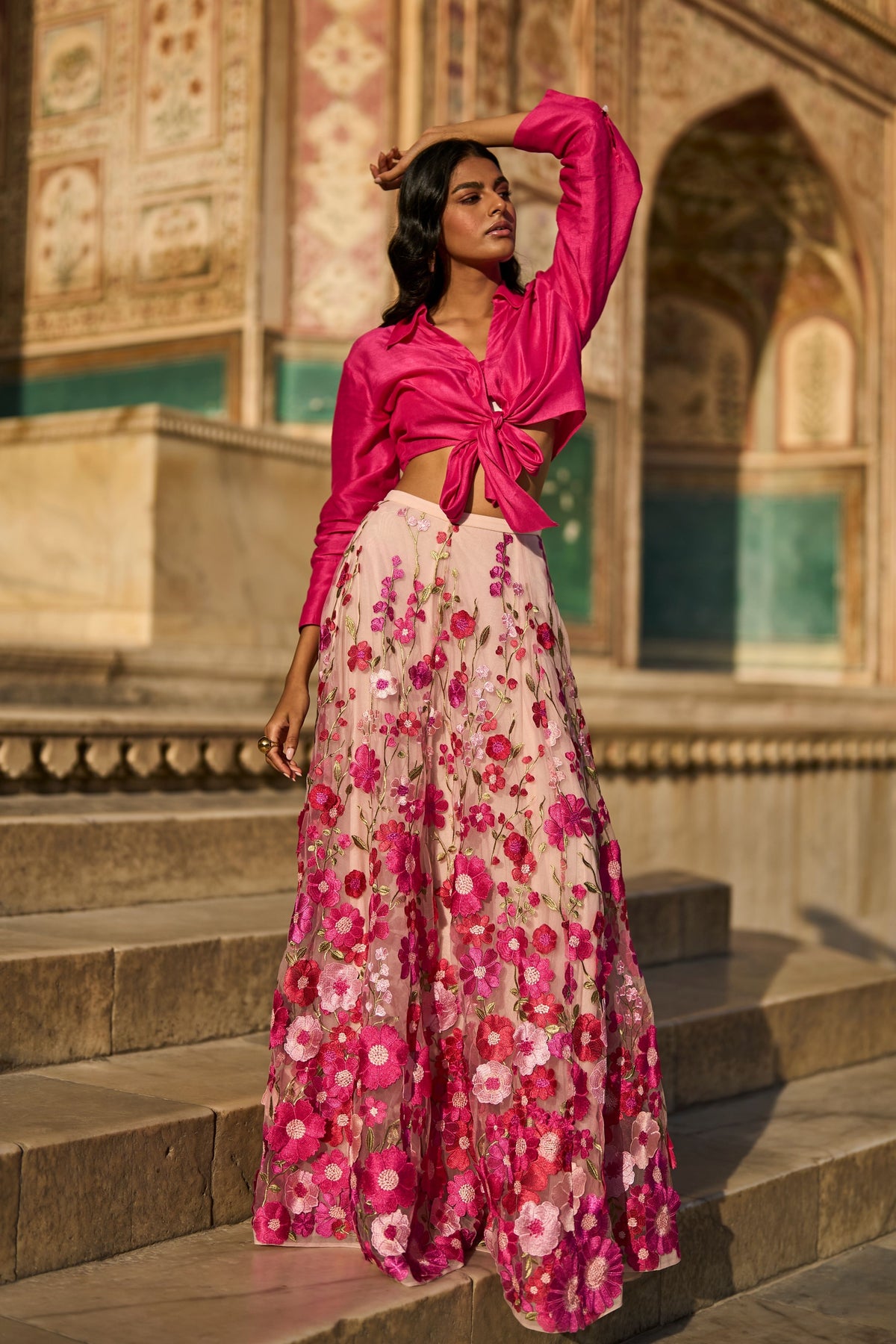 Pink 3d Floral Lehenga Set